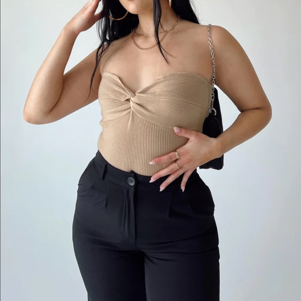 Princess Polly Kallista Nude Ribbed Strapless Bodysuit with Tie Knot